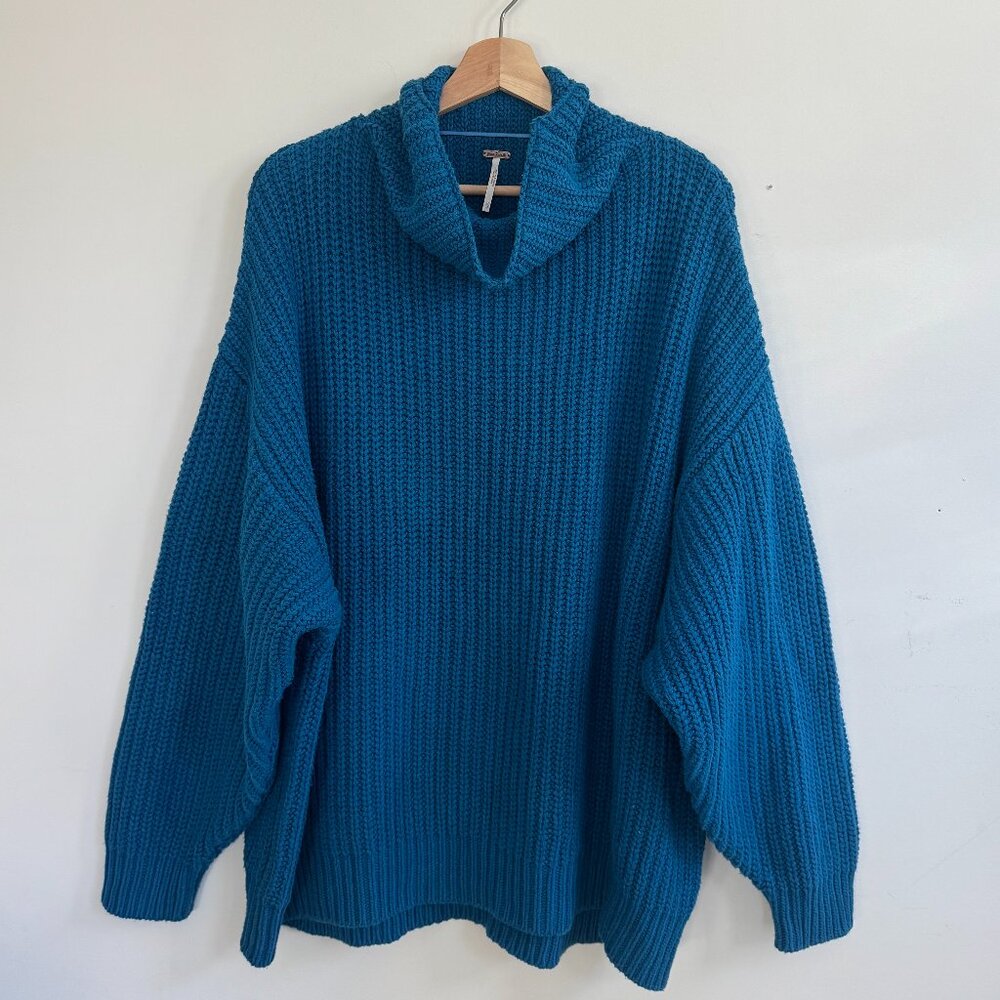 Free People Ocean Blue Oversized Chunky Swim Too Deep Turtleneck Sweater